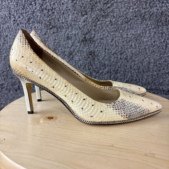 Rachel Zoe Snakeskin Heels Womens 9 Leather Tan Brown Stiletto Slip On Point Toe - Picture 4 of 11